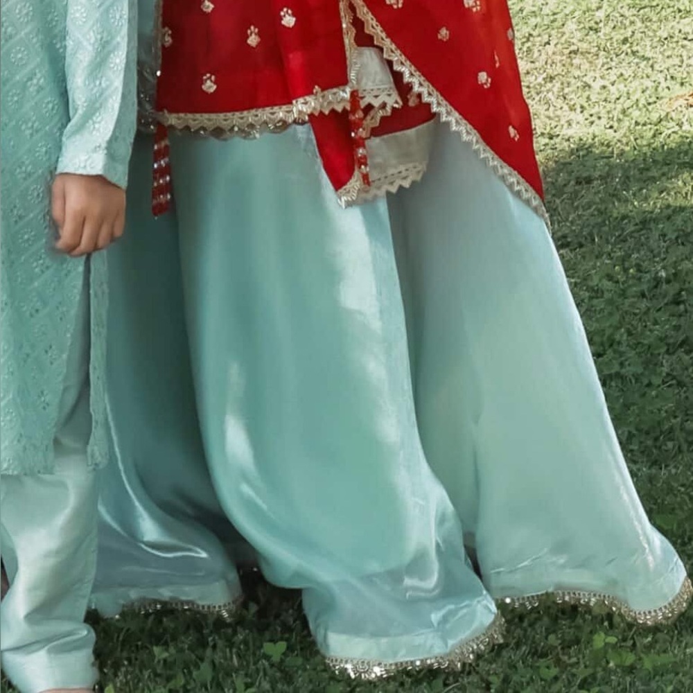 Mint green shirt and sharara with Red Embroidered Dupatta
